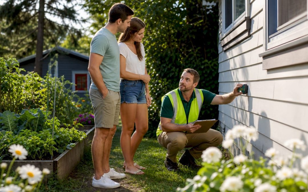 Couple watching inspector evaluate home foundation
