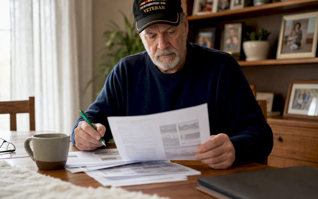 Veteran reviewing termite inspection paperwork at home
