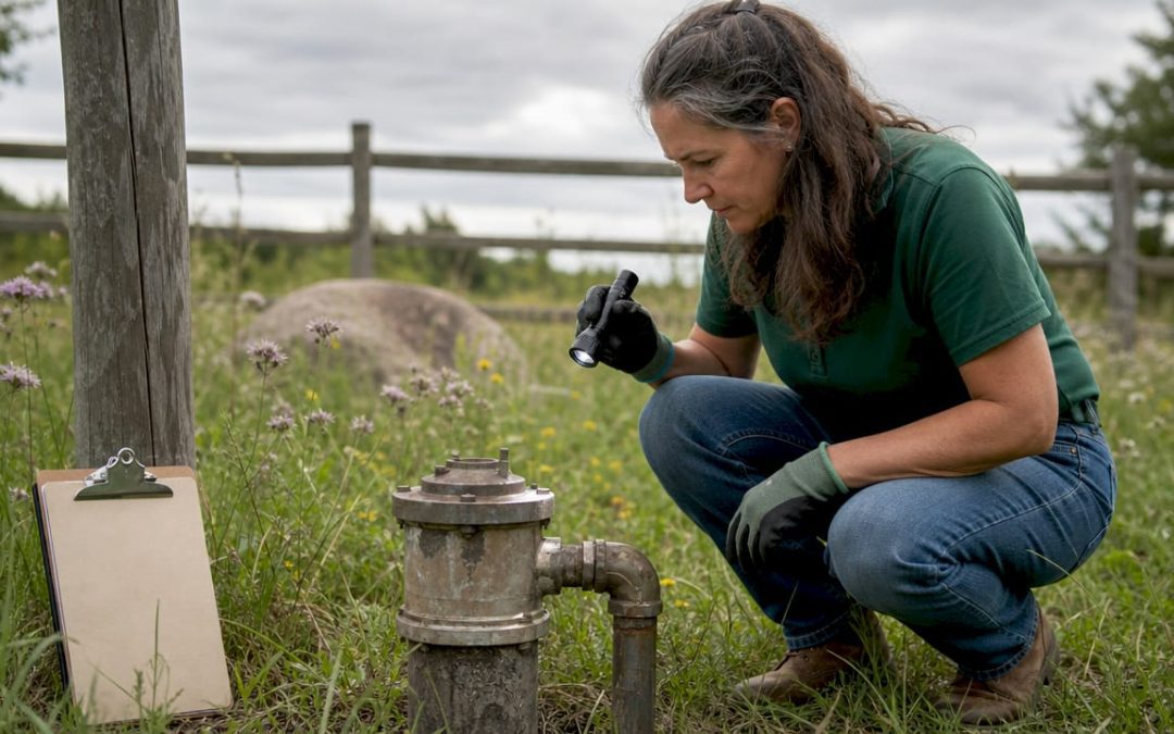 Homeowner inspecting wellhead outdoors