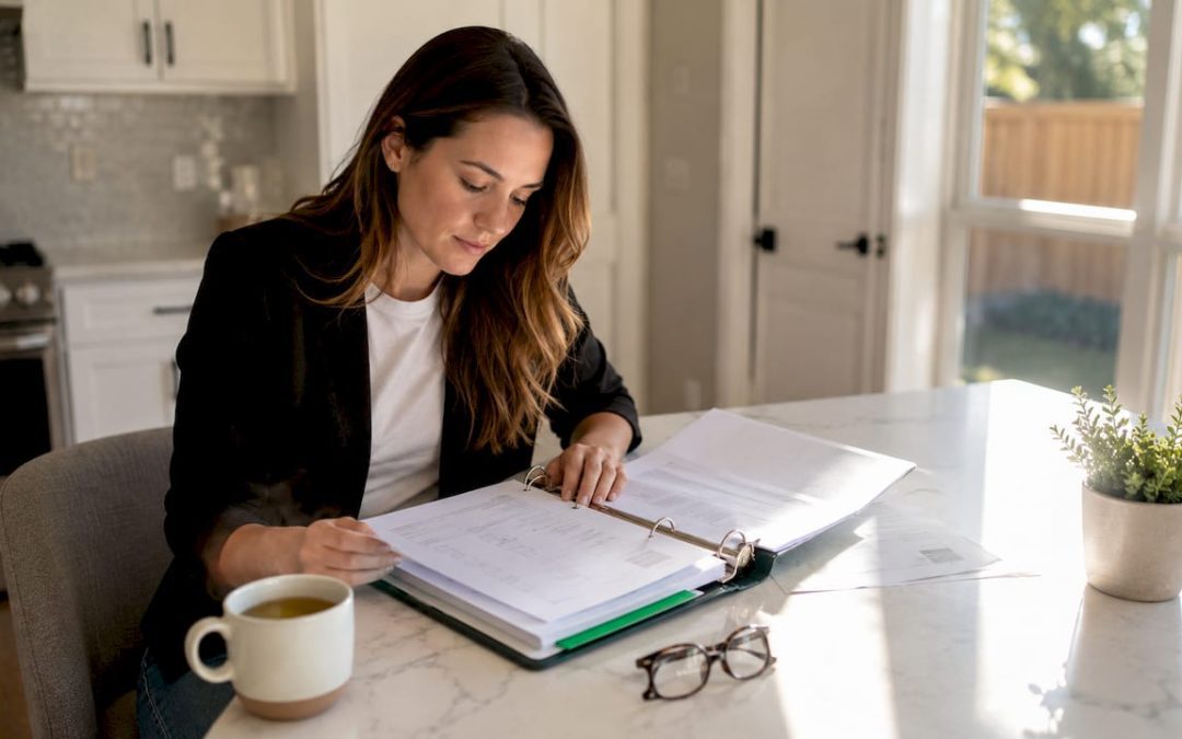 Buyer reviewing home inspection checklist at kitchen table