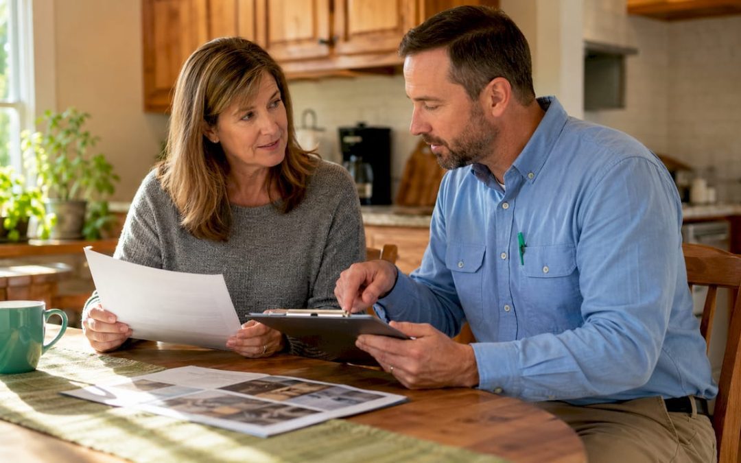 Homeowner reviewing pre-listing inspection report with inspector