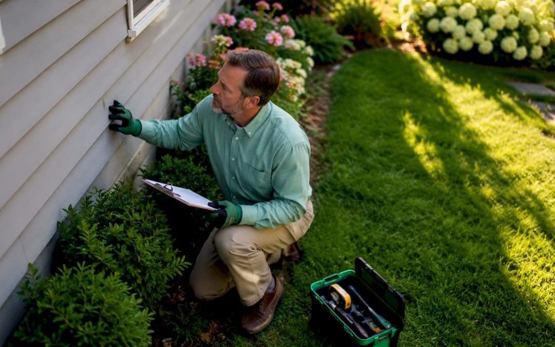 Home inspector examining house exterior