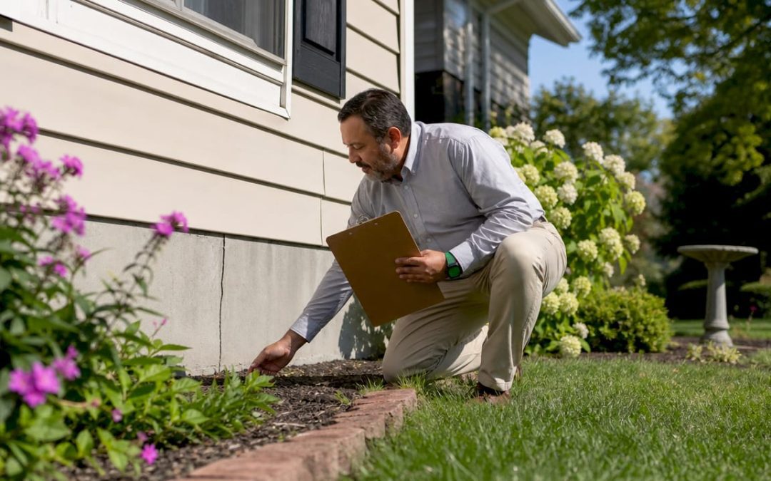 Home inspector examining house exterior foundation