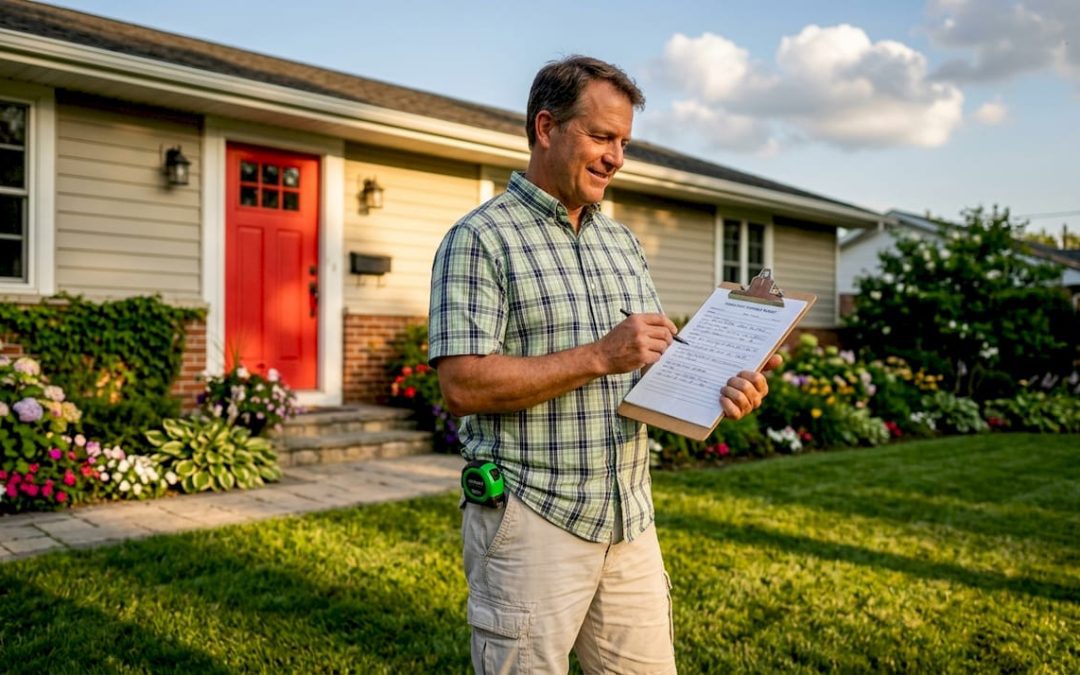 Home inspector reviewing report outside house