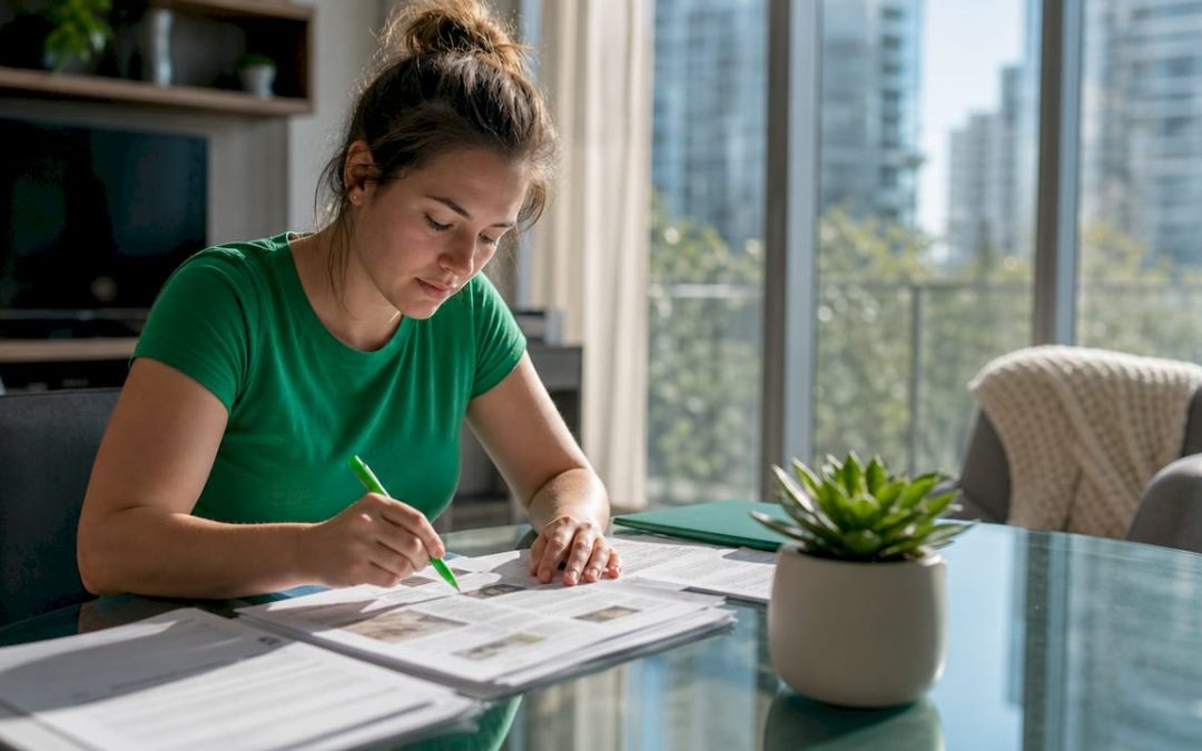 Homebuyer reviewing inspection report at kitchen table