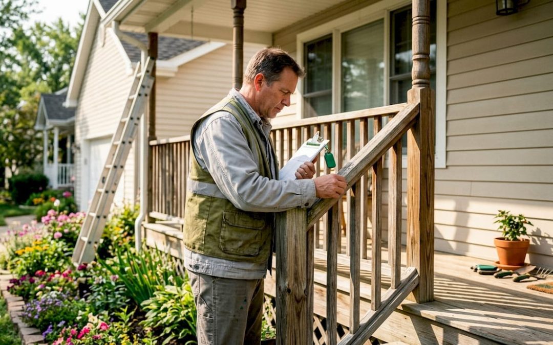Home inspector examining house exterior siding outdoors