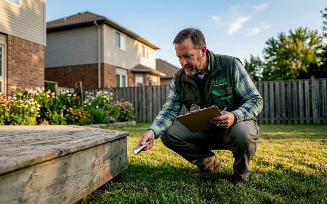 Veteran inspecting home exterior with clipboard