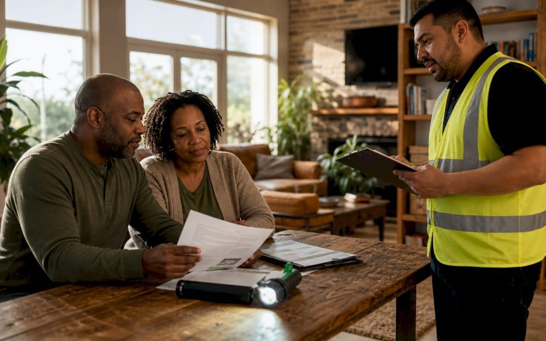 Couple reviewing home inspection report with inspector