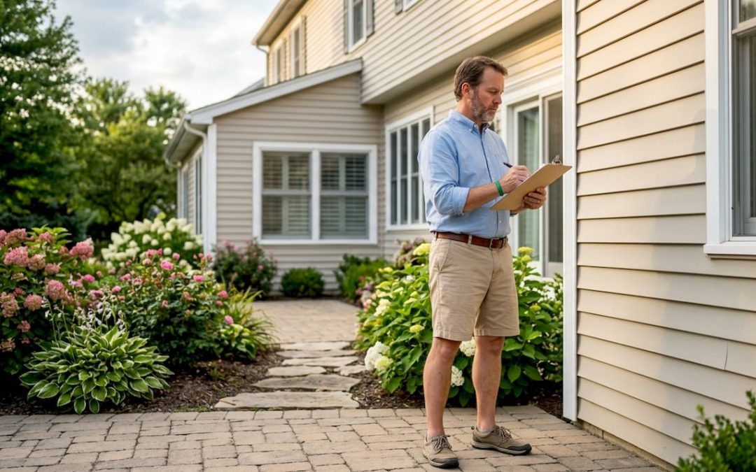 Homebuyer inspecting house with clipboard
