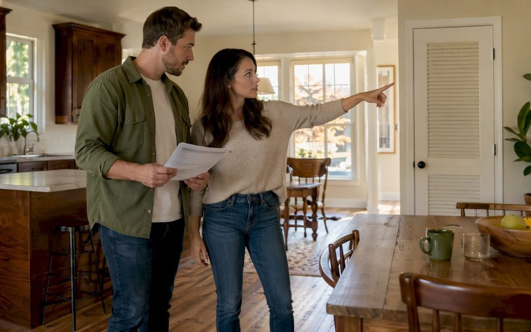 Couple reviewing home inspection checklist indoors