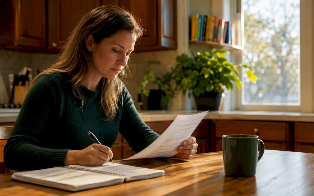 Homebuyer reviewing inspection report at kitchen table