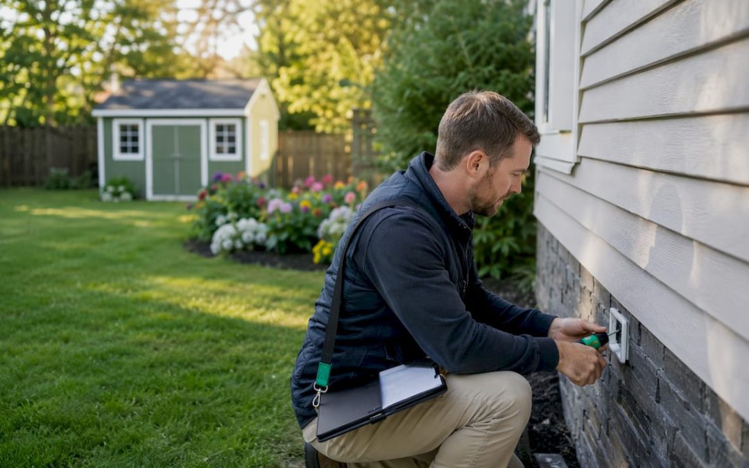 Home inspector testing outlet inside house