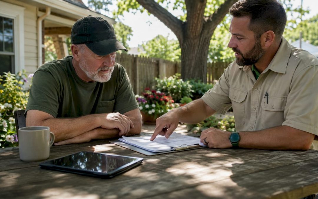 Veteran reviewing home inspection checklist with inspector