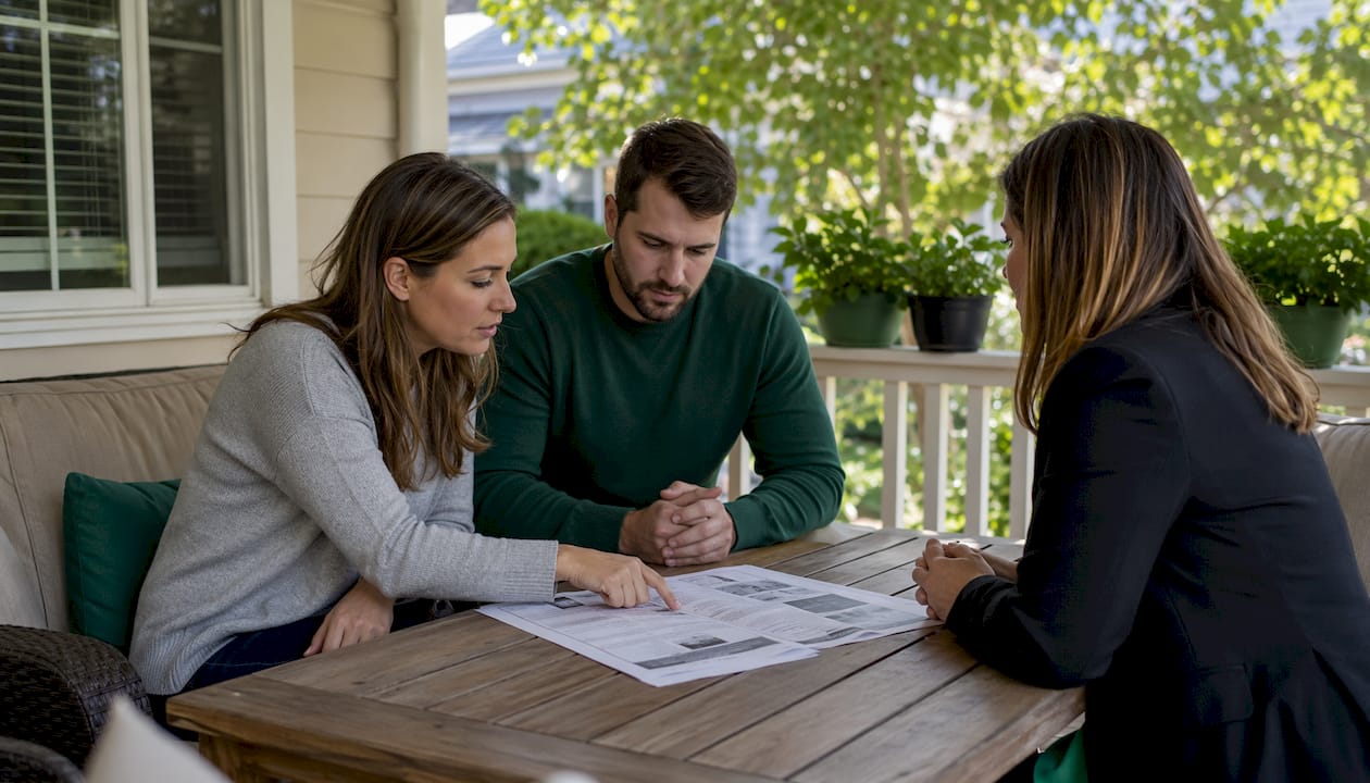 Couple negotiating with agent over inspection report