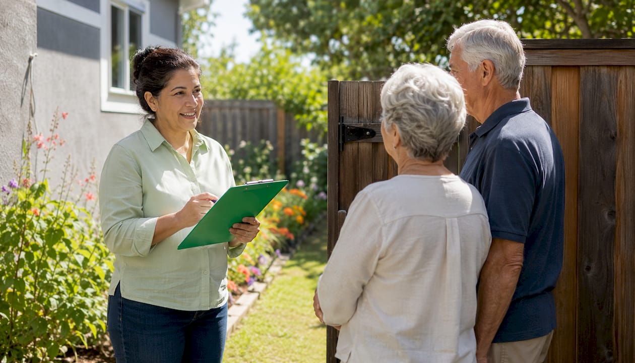Home inspector discussing appointment with couple outdoors