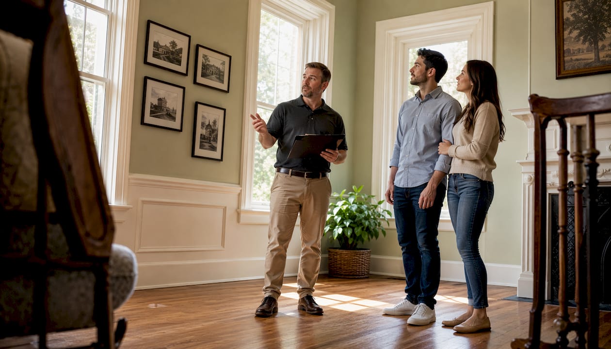 Home inspector explaining findings to young couple indoors