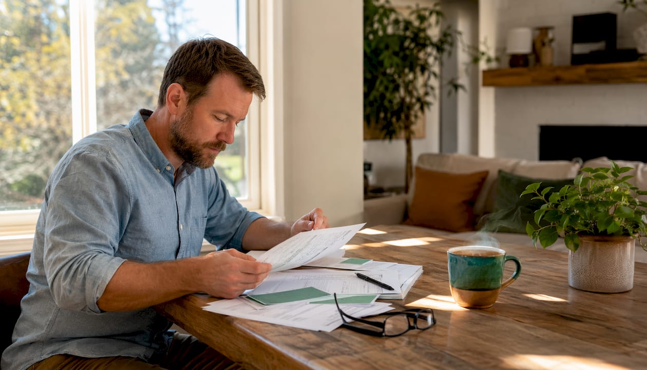Hands organizing home inspection timeline paperwork