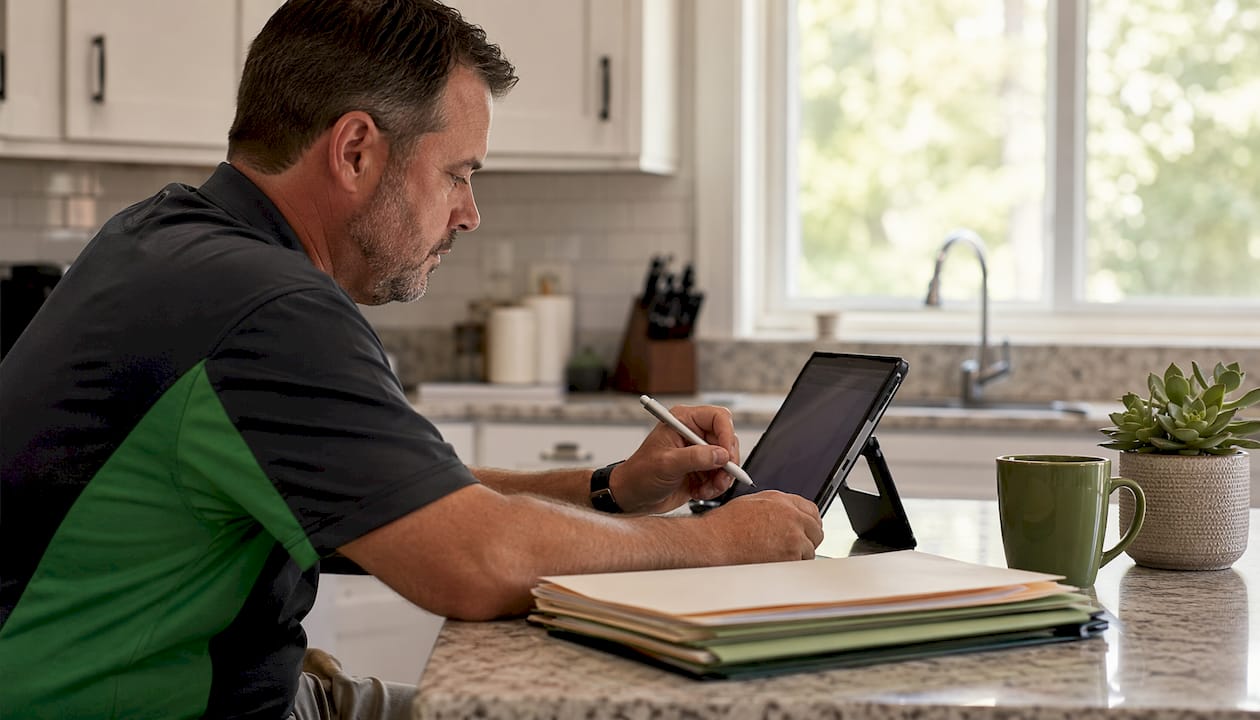 Inspector using scheduling app on tablet at desk