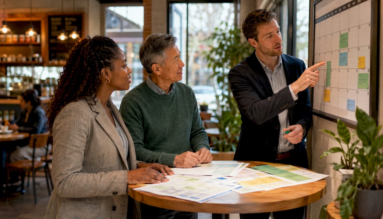 Team of inspectors planning schedules together in office