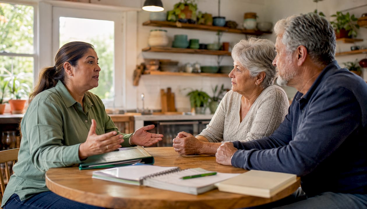 Home inspector consulting local buyers in living room