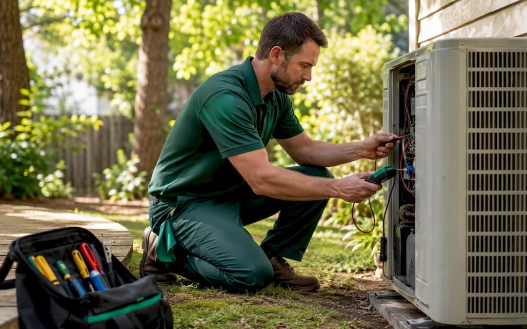 HVAC technician inspecting outdoor AC unit