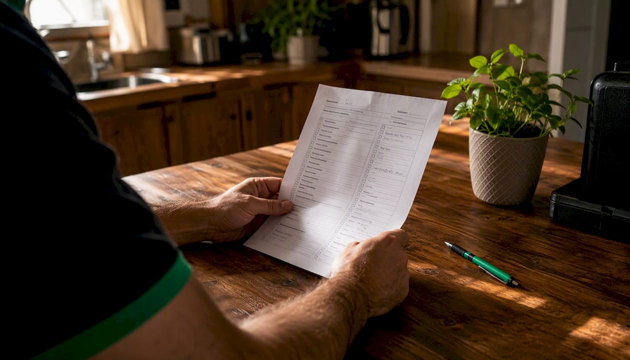 Inspector hands holding checklist in inspection office