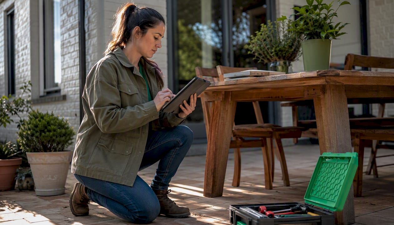 Female inspector using tablet on home porch for AI inspection