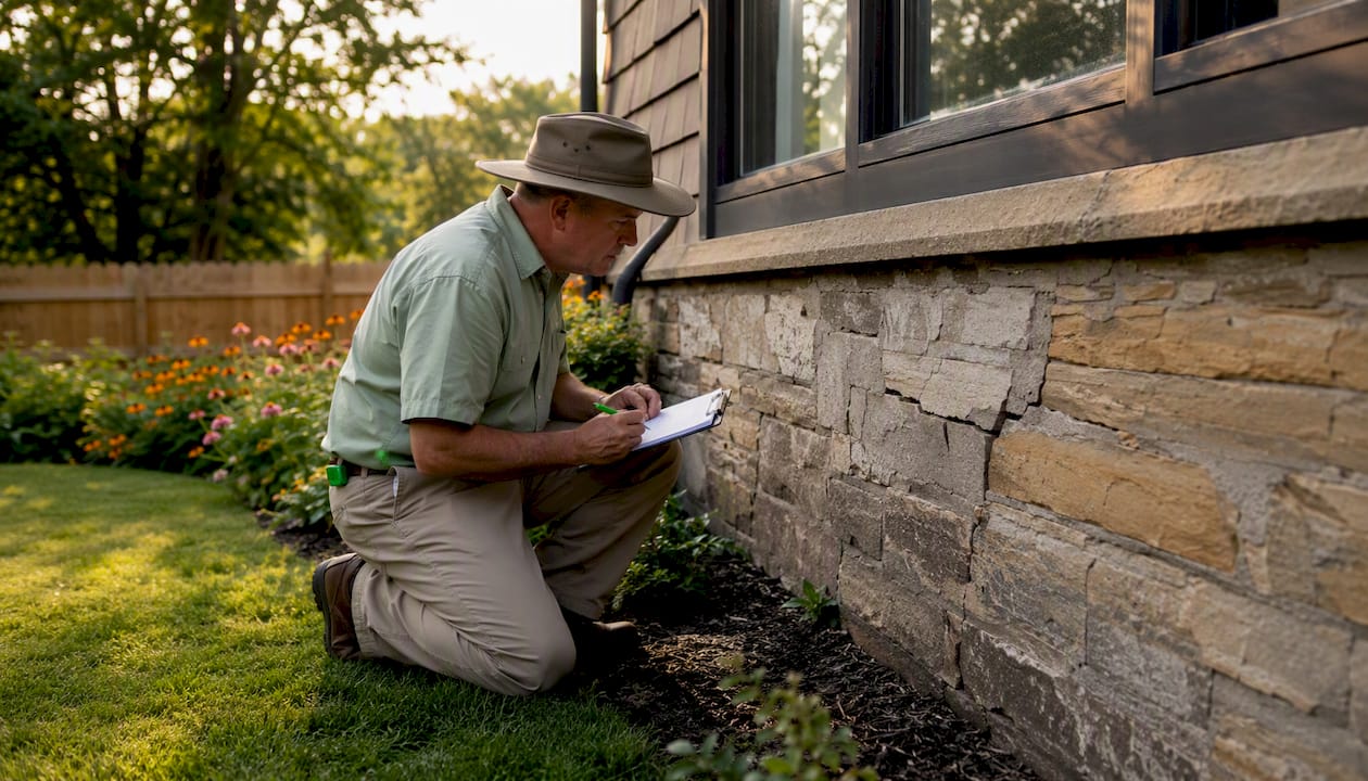 Home inspector examining foundation cracks outdoors