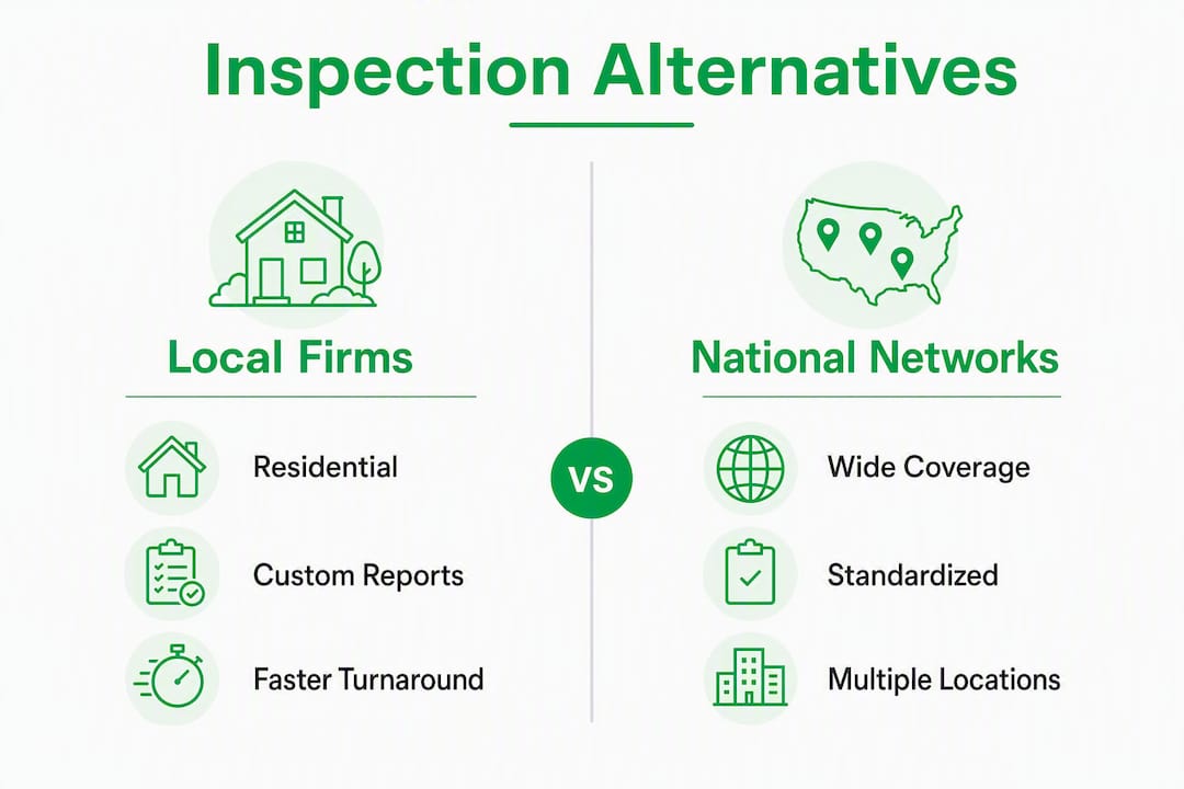 Infographic comparing local firms and national networks for inspections