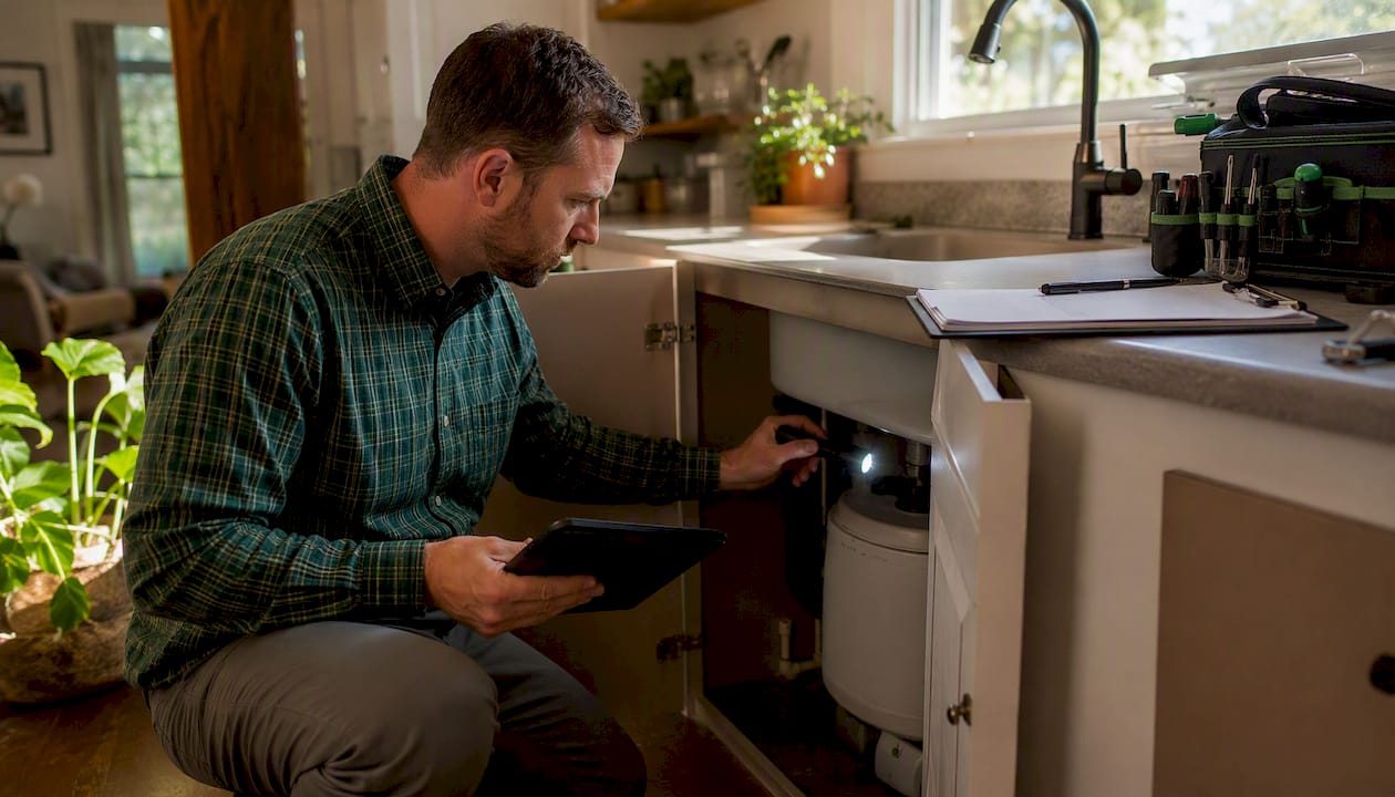 Home inspector inspecting basement equipment