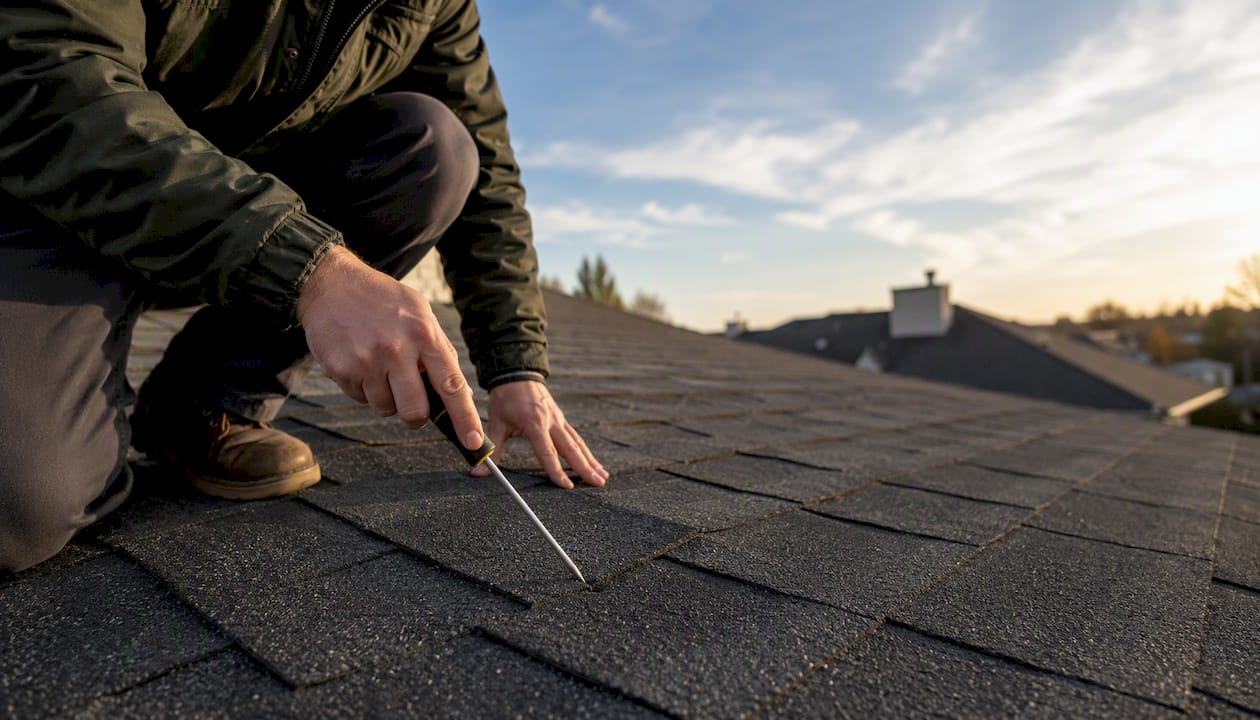 Inspector testing roof shingles