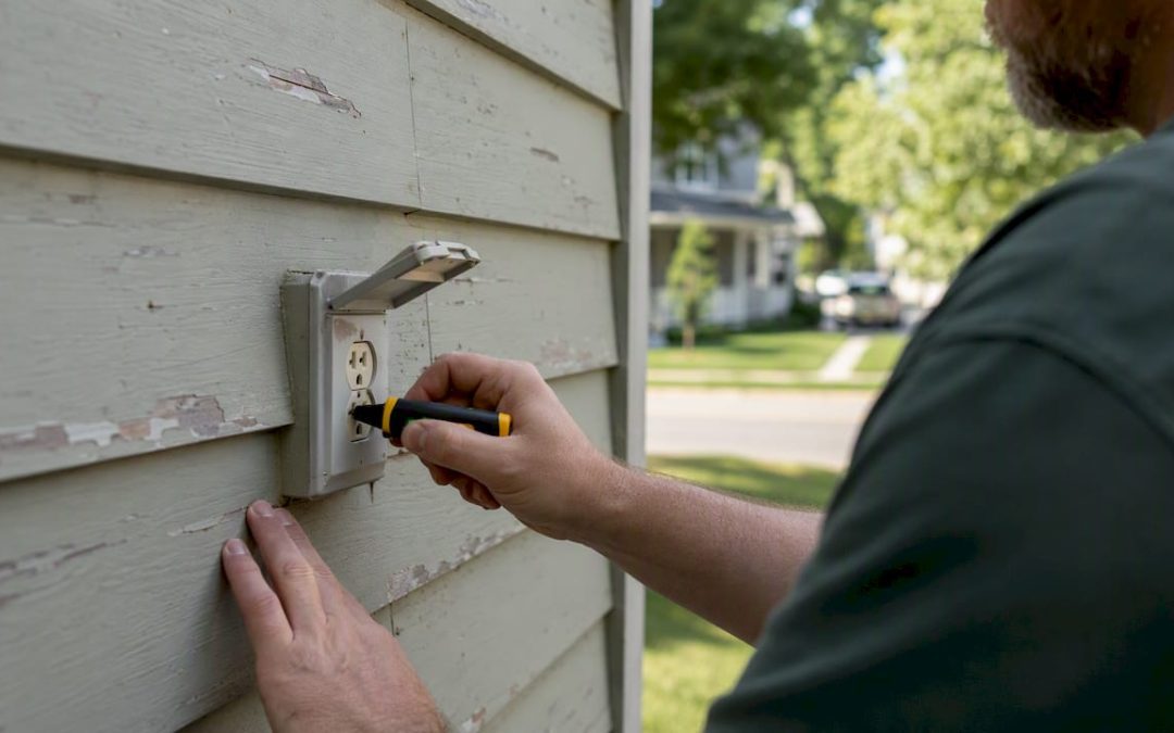 Home inspector testing exterior outlet