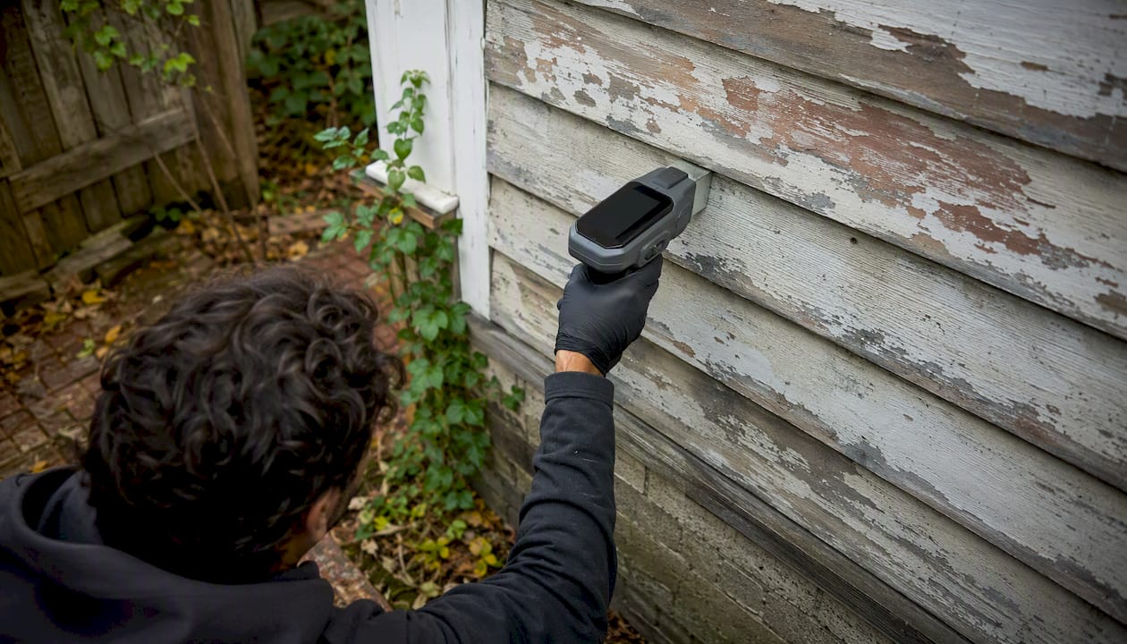 Risk assessor using XRF analyzer on painted wall
