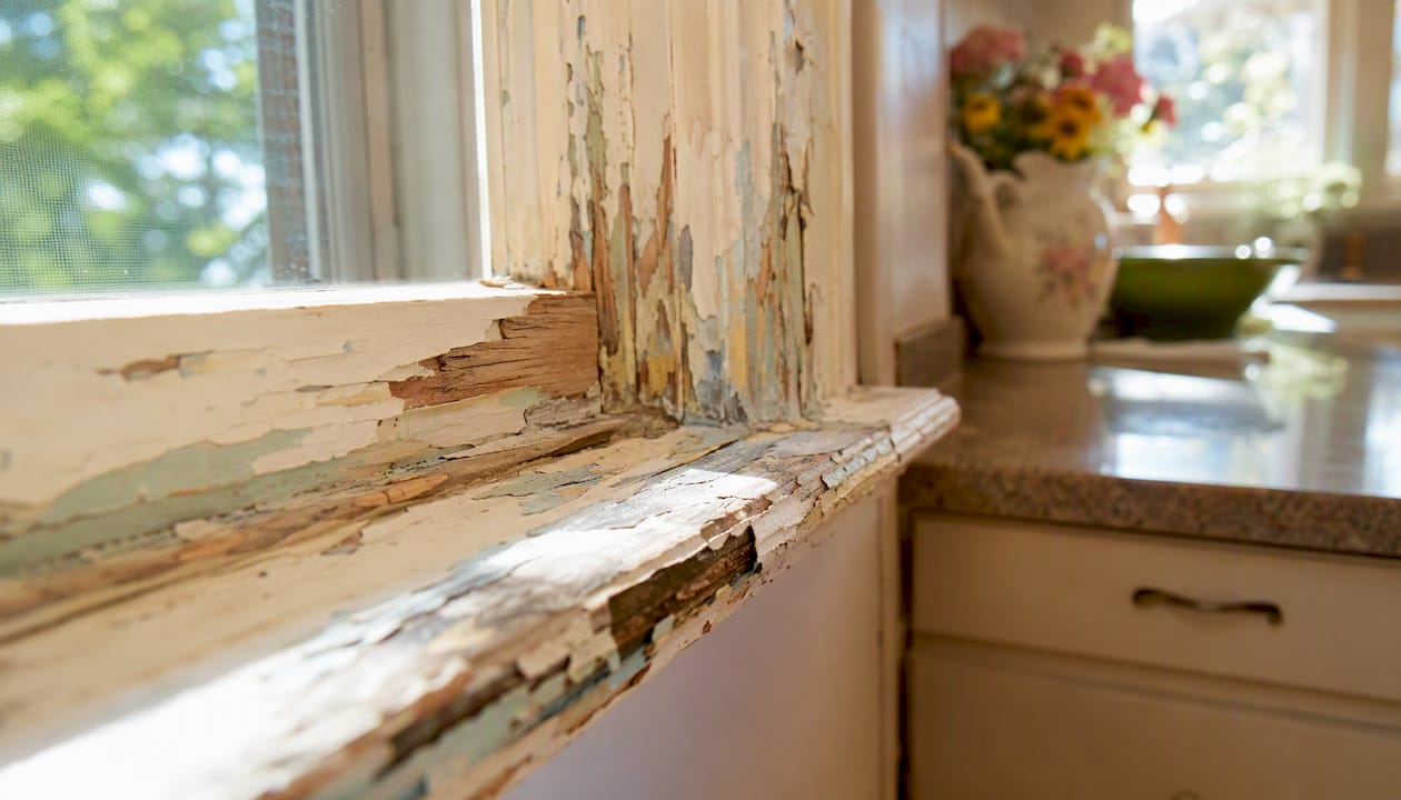 Close-up of peeling, cracked paint on window sill