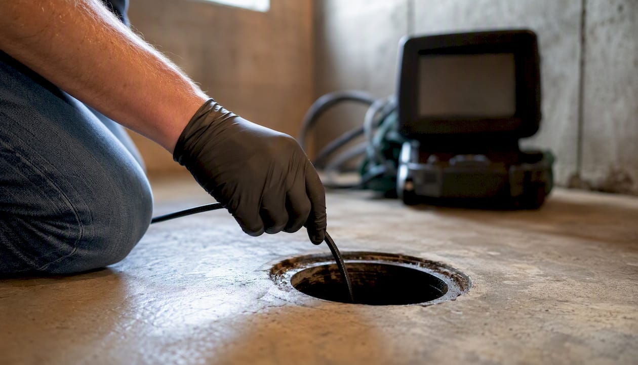 Inspector inserting sewer scope camera into drain