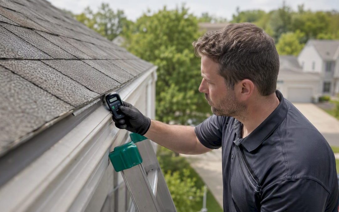Home inspector checking roof and gutters