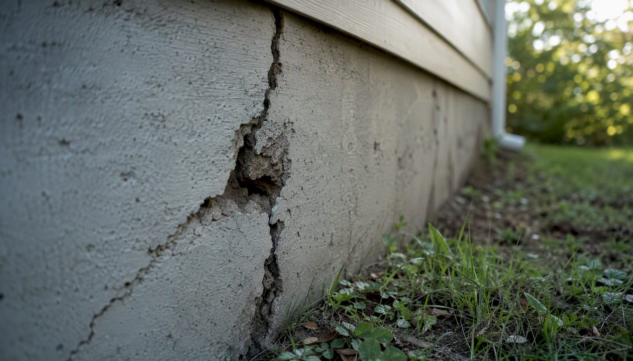 Close-up of cracked concrete foundation wall