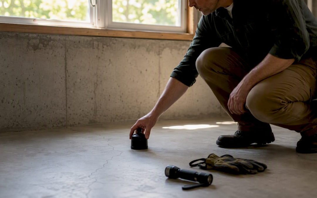 Inspector placing charcoal radon test canister