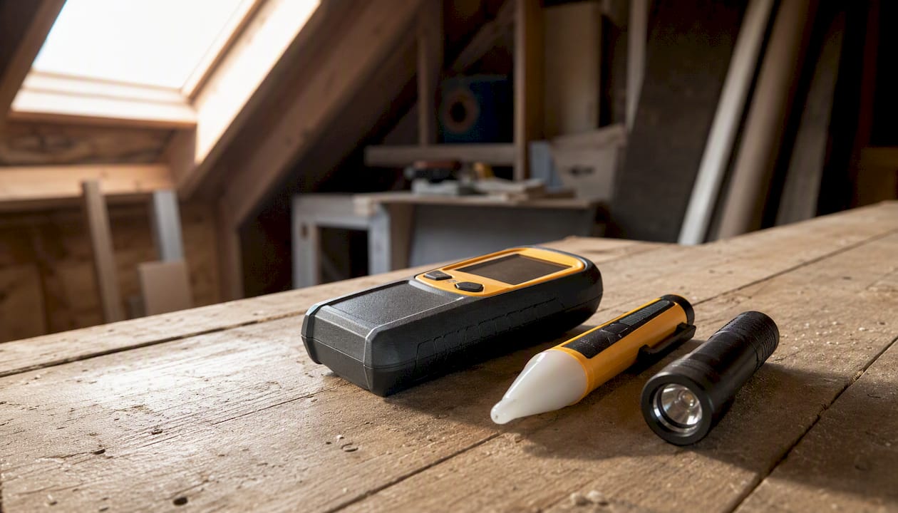 Home inspection tools on a workbench