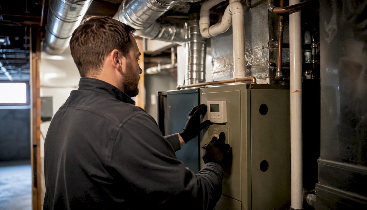 Hands adjusting HVAC system controls