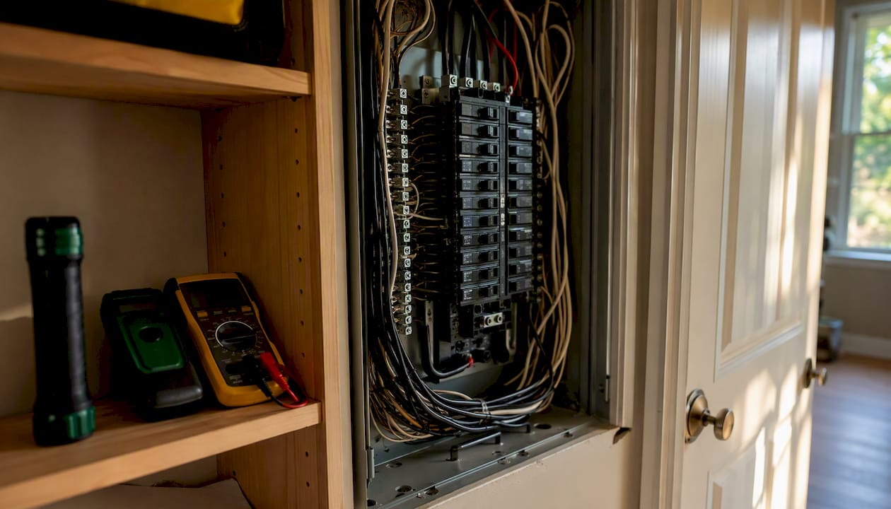 Electrical panel and inspection tools close-up