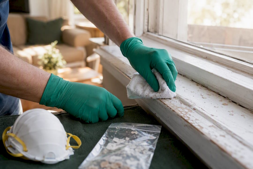 Gloved hands wiping lead paint dust safely