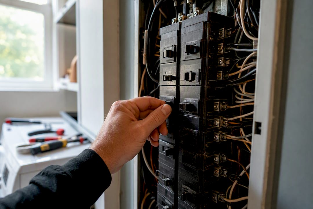 Close-up of electrical panel wiring and breakers