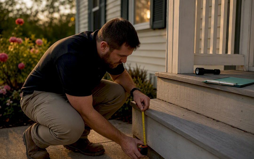 Inspector measuring manufactured home foundation