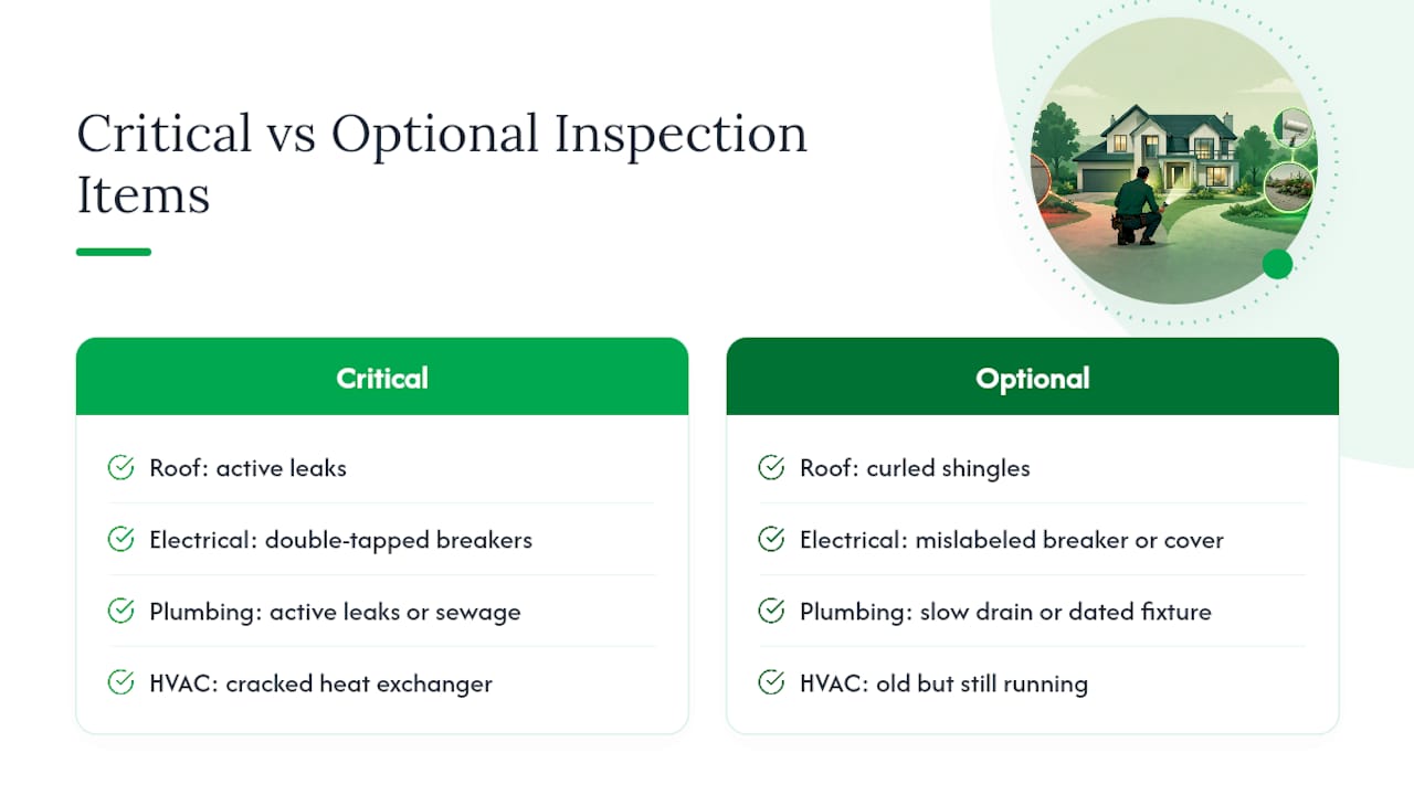 Diagram comparing critical and optional inspection items by home system