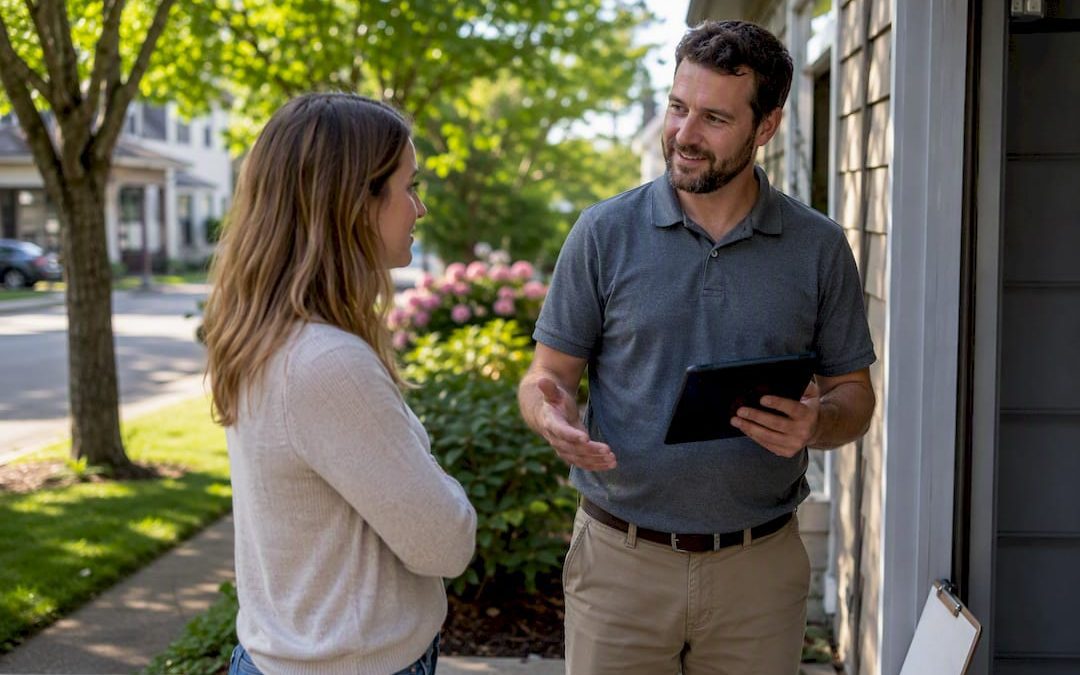 Home inspector explaining findings to client outside home
