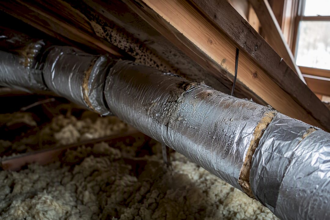 Ductwork with insulation gap and mold in attic