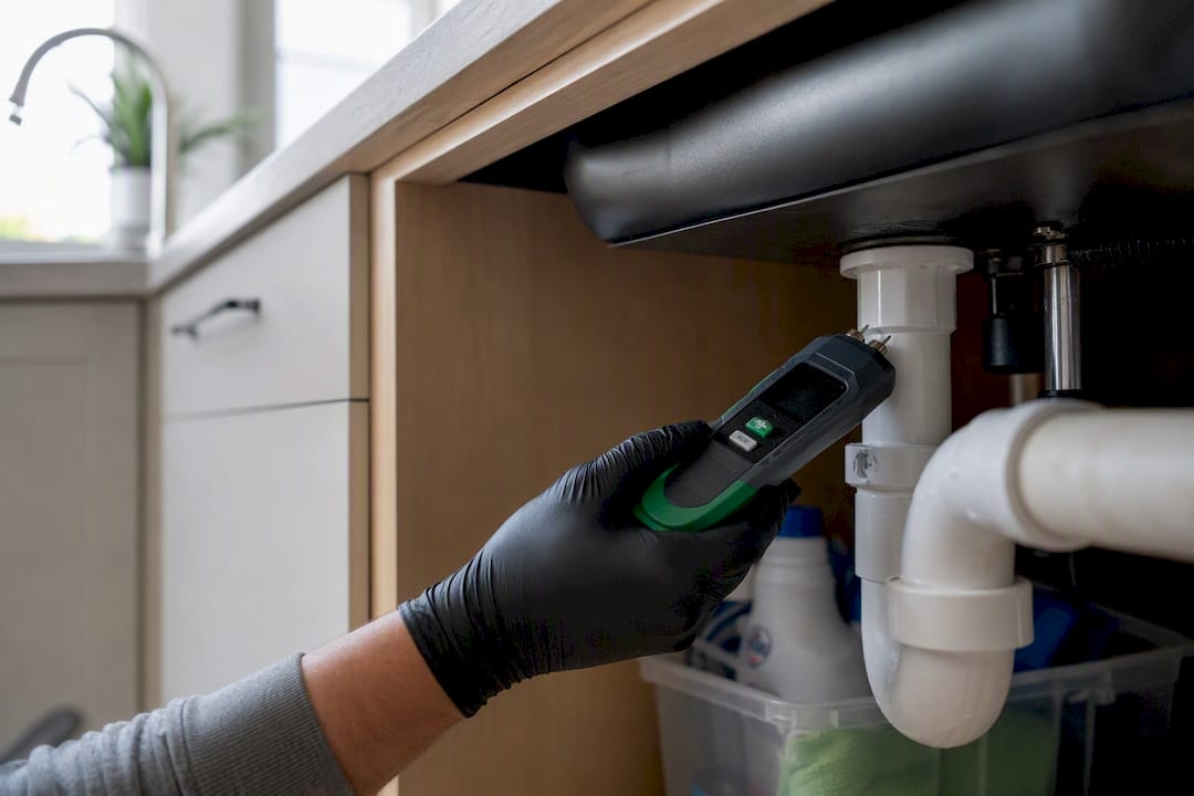 Inspector hand testing plastic pipe moisture under sink