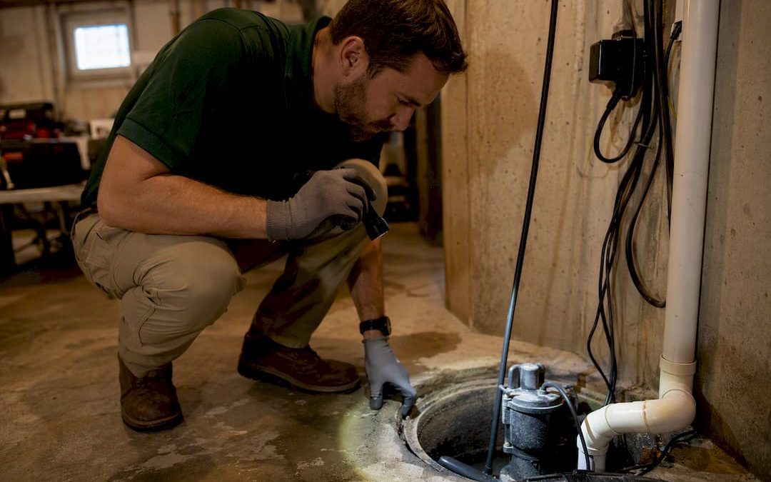 Inspector checking sump pump with flashlight