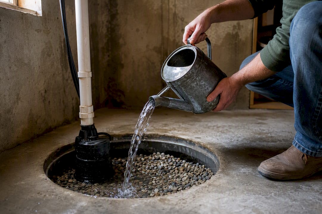 Pouring water into sump pump pit for test